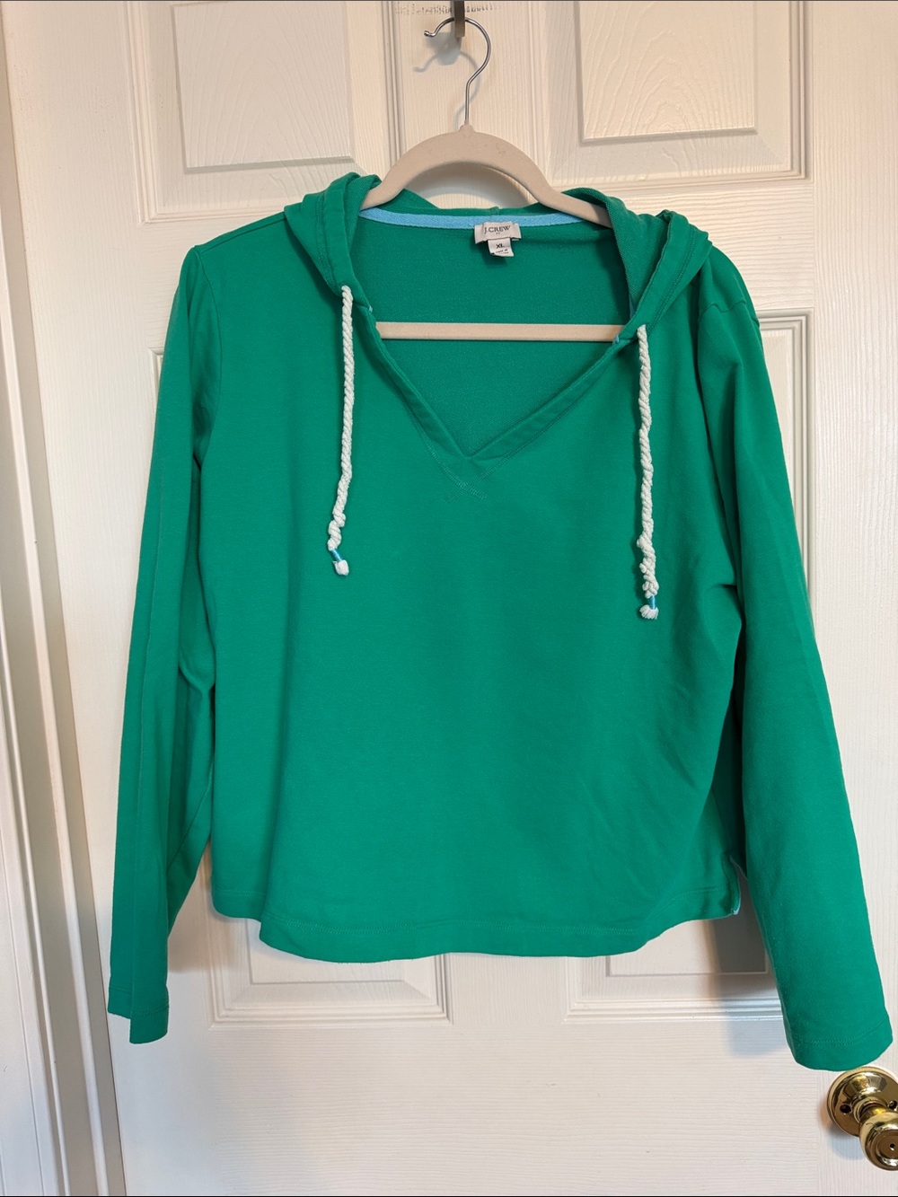 J. Crew Bright Green V-Neck Hooded Sweatshirt with White Drawcords
